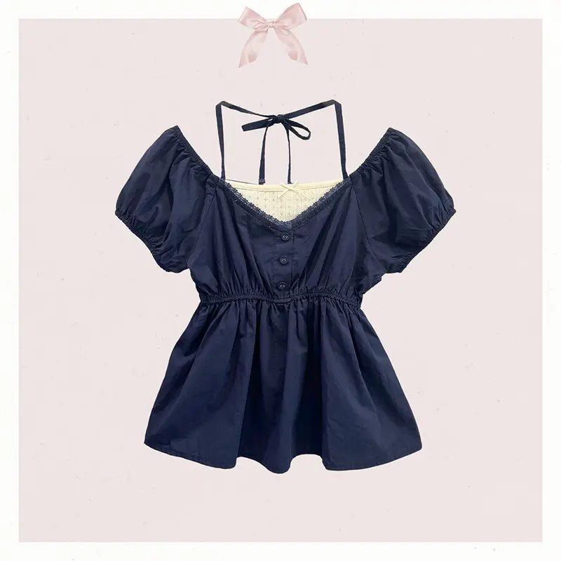 BLEUBIRD Áo nữ vải thô phối thun buộc dây Eugene Top 4