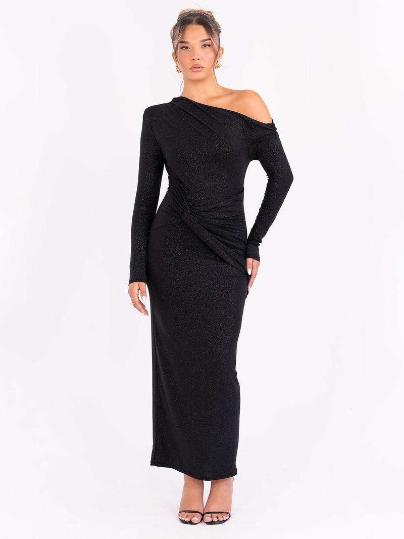 Product Introduction of Women's Glitter Ruched Asymmetrical Neck Dress, Elegant Long Sleeve Dress for Party Club Dating Wear, Ladies Clothes for All Seasons 6