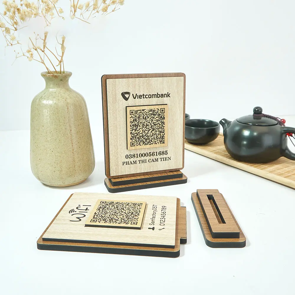 Bảng gỗ khắc mã QR Code thanh toán, QR kết nối wifi đế bàn đặt theo yêu cầu