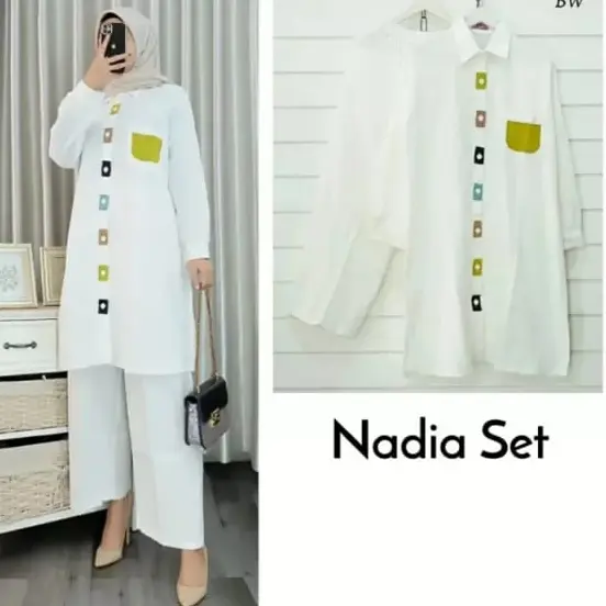 Nadia Set 2IN1 Bahan Crinkle Airflow Setelan Wanita Terbaru 2022 Lebaran Setelan Wanita Casual Viral One Set Cewek Celana Remaja Berhijab Moden Baju Atasan Blouse + Celana Panjang Import Murah Pusat Grosir Kancing Linen 3