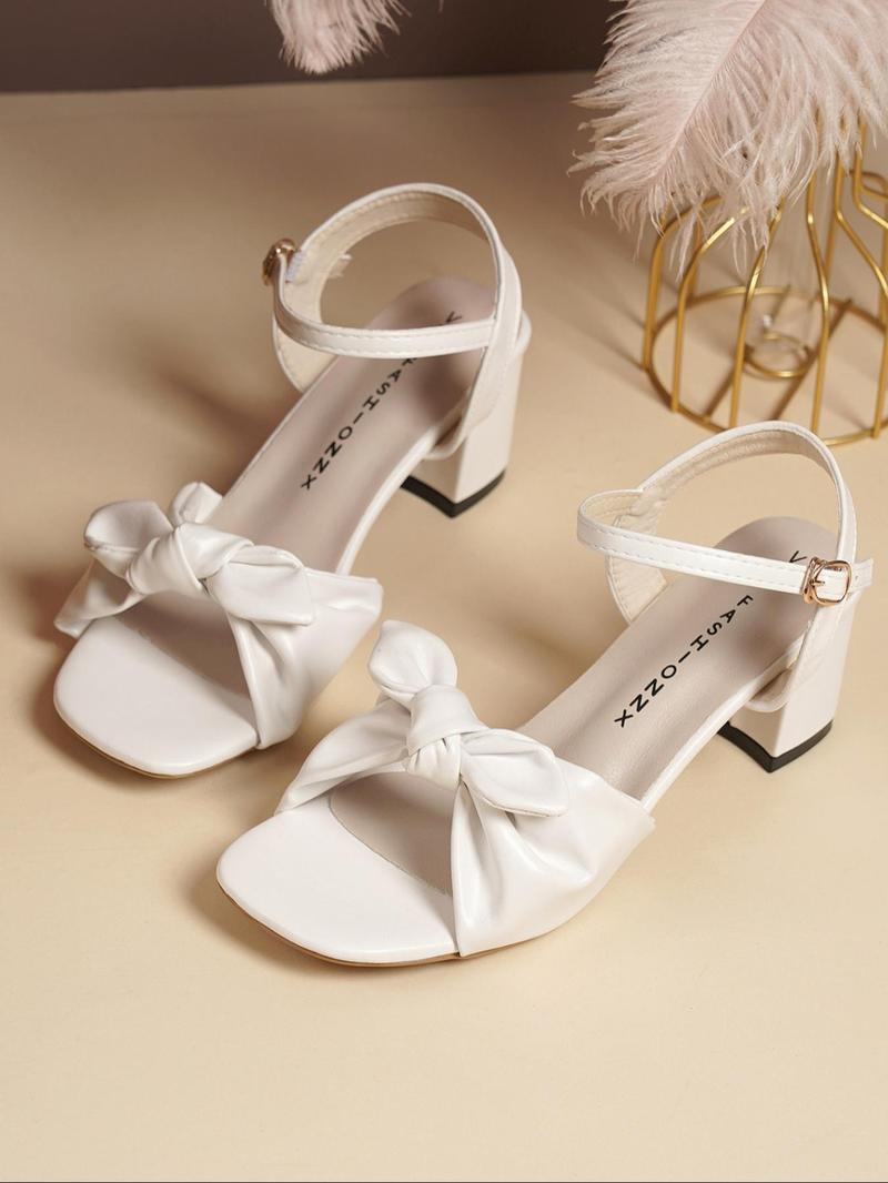 Product Introduction of Women's Elegant Bowknot Design Heeled Sandals, Trendy Minimalist Square Toe High Heel Sandals, Chic All-match Sandals for Women for Daily Wear, Shoe 1