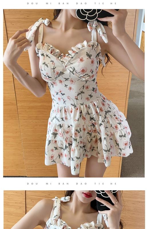 Product Introduction of One-Piece Swimsuit for Women 2023 Summer New Floral Fresh Conservative Belly Covering Slimming Pure Desire Sling Hot Spring 5