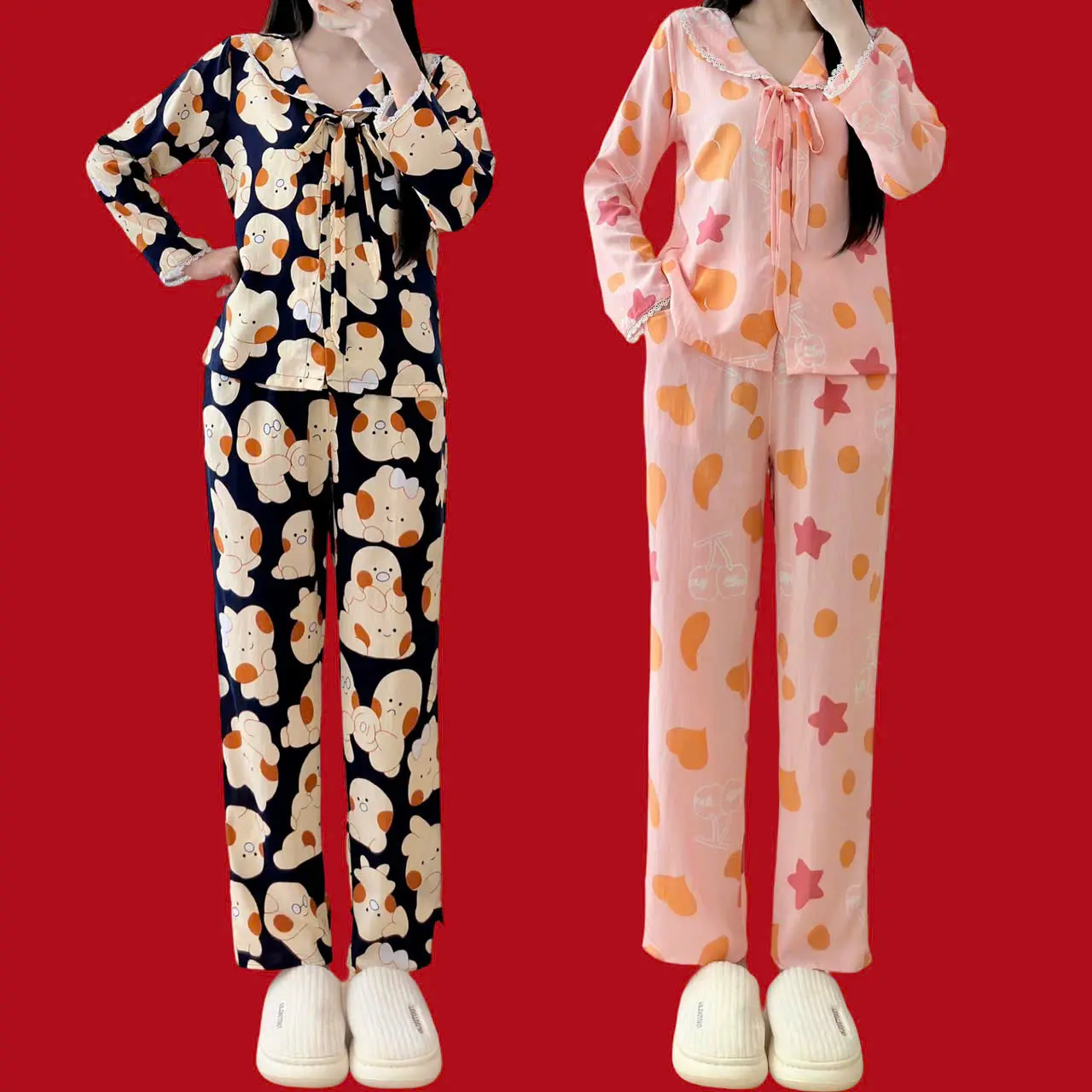 Đồ bộ tole lanh tay dài quần dài cổ tròn phối ren size 45-75kg TDQD101, chất tole lanh mềm mịn mát thấm mồ hôi