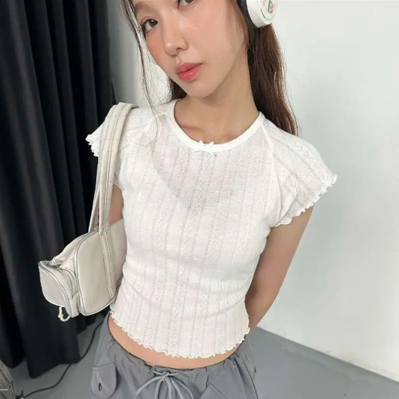 Women Cute Crop T-Shirt CasualLettuce Trim Round Neck Cap Sleeve Ribbed Tops for Summer  Y2K Aesthetic Preppy White Tees High Street Streetwear Basic Crewneck Minimalist