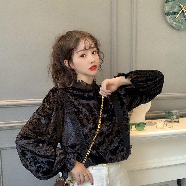 Product Introduction of Áo Sơ Mi Nhung, Ngọt Ngào Và Thanh Lịch, Chắp Vá Selvedge Dây Cổ Đứng, Hàng Mới Về Mùa Thu Cho Nữ, Tay Phồng Trẻ Trung, Áo Dài Tay 10