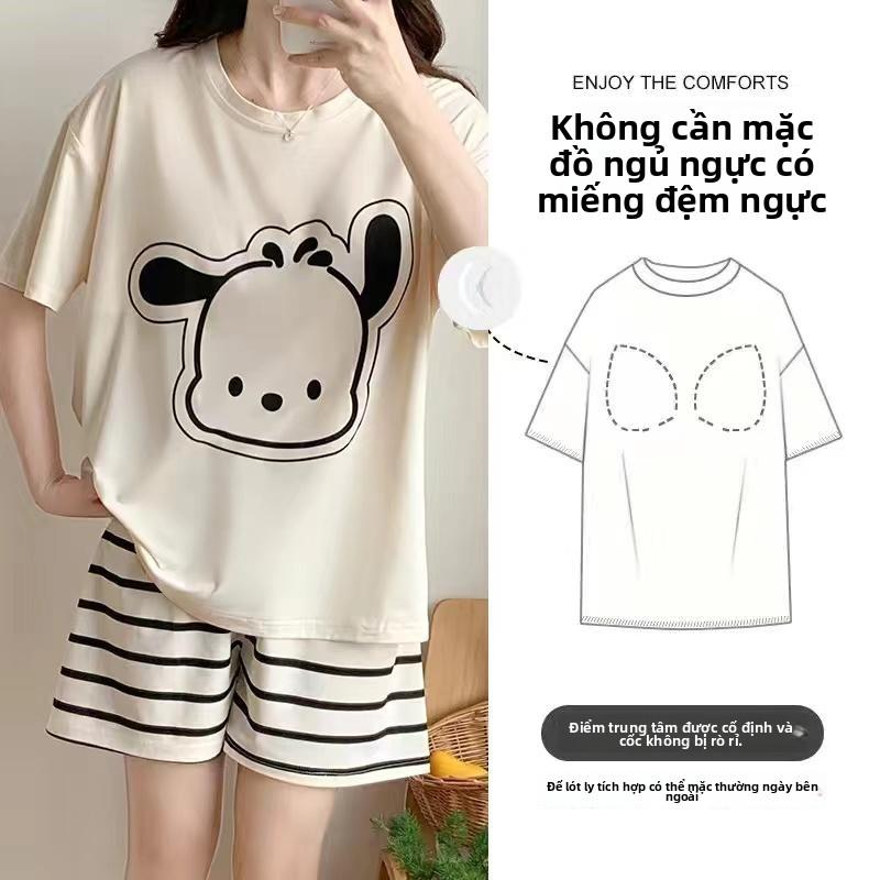 Bộ Đồ Ngủ, Vải Nảy Mềm, Tay Ngắn, Cổ Tròn, Có Áo Ngực Tích Hợp, Dành Cho Phụ Nữ Và Phụ Nữ, In Hình Hoạt Hình Dễ Thương, Thiết Kế Mặt Cười, Quần Đùi ngắn Tay, Bộ Đồ Mặc Nhà, Hàng Có Sẵn Sẵn Để Gửi 8