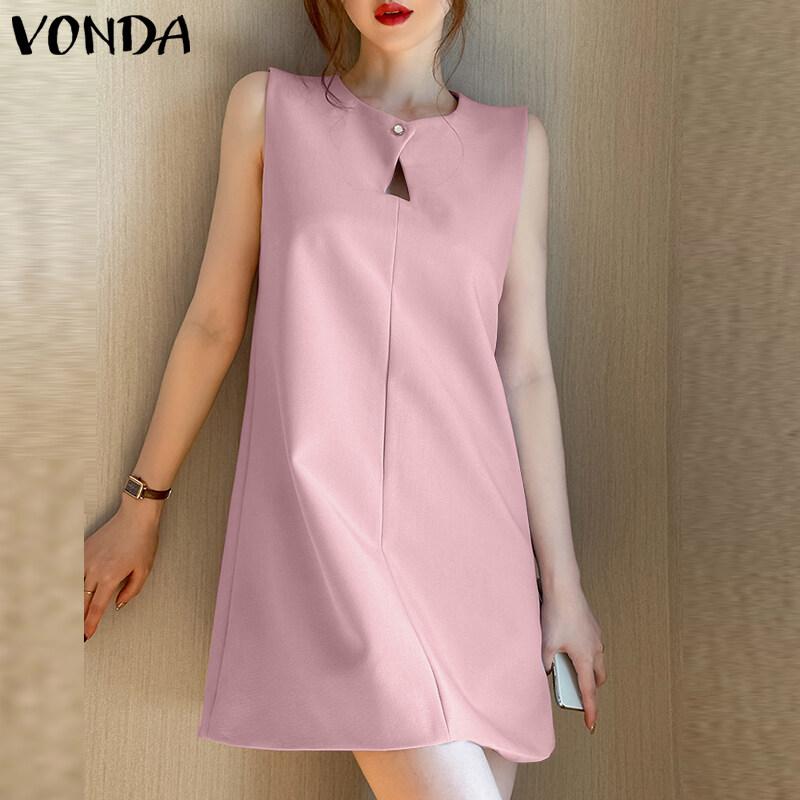 Váy Ngắn Chữ A, VONDA, Dành Cho Nữ, Màu Trơn Không Tay, Thiết Kế Cắt Xẻ Thanh Lịch, Thích Hợp Mặc Công Sở, Cổ Thuyền Đầm Xòe 0
