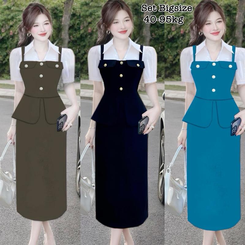 Thời Trang Én Nhỏ Có Bigsize - Set Áo Tay Ngắn và Chân Váy Bigsize Nữ Vải Lụa Chéo Cao Cấp Thiết Kế Đi Dự Tiệc Cổ Vuông Cao Cấp Xinh Đẹp Sang Trọng Dễ Thương Thanh Lịch Giá Rẻ đủ size 40-95kg ennhocobigsize Dress Voan Tay Phồng Đen Ôm gọn Thanh lịch