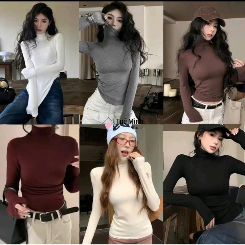 Áo Thun Nữ Cổ Lọ Dài Tay Chất Cotton Giấy Mềm Mịn Co Giãn Ôm Body Basic BIGSIZE Tuệ Minh House A268 Đen Top Women