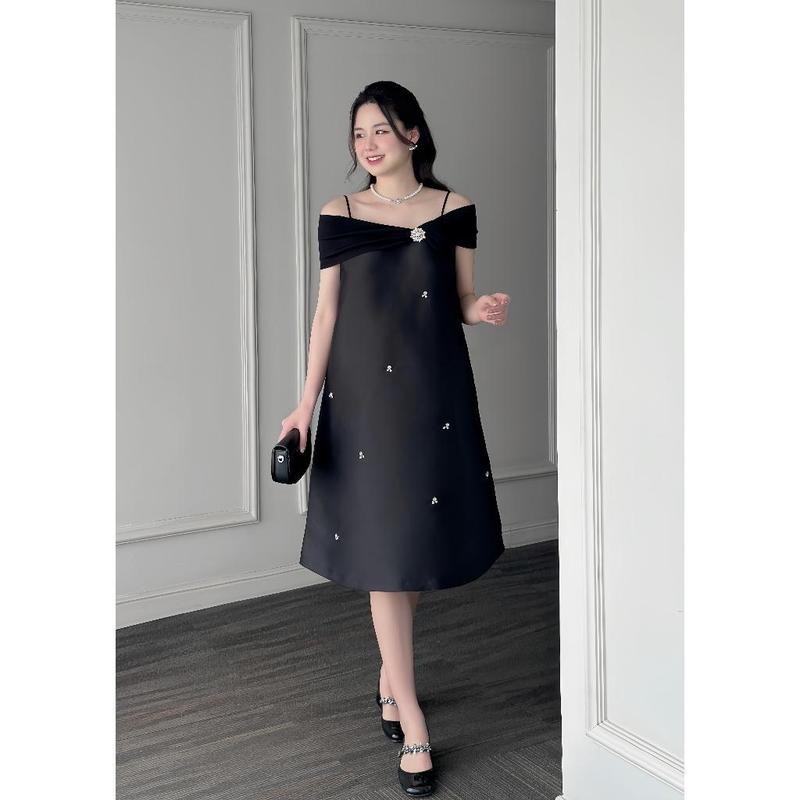 Váy Đầm Bầu Công Sở Joamom Trễ Vai Nơ Đính Đá Sang Trọng Thanh Lịch Thiết Kế JVB0085