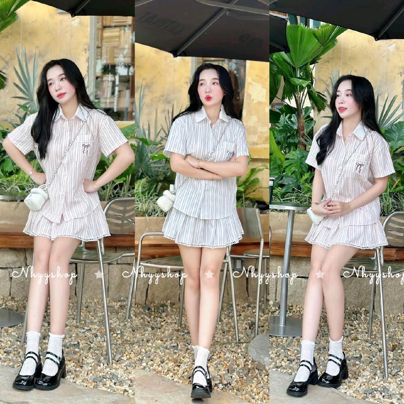 Bigsize 60-90kg Set áo sơ mi kẻ sọc thêu nơ 1 túi tay ngắn phối chân váy xòe chân ren xếp ly lưng thun cho nữ, Set váy sơ mi kẻ cộc tay + chân váy xoè lưng chun có quần bên trong - Nhyy Shop voan