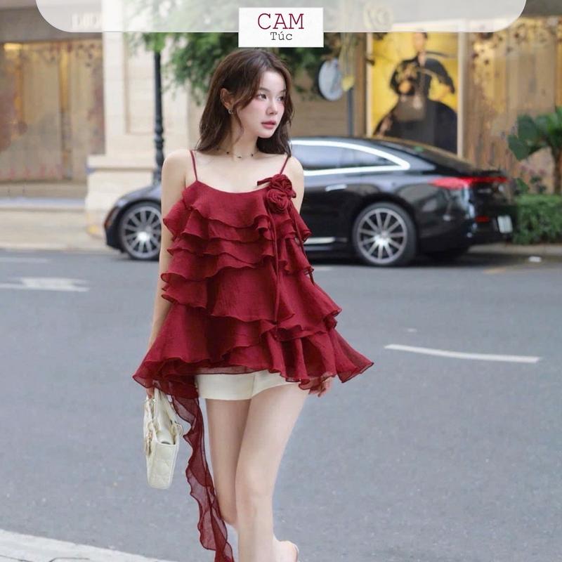 Áo Hai Dây Nhiều Tầng Tơ Óng Form Rộng Rũ, Kèm Charm Hoa, Áo Hai Dây Cho Nữ Màu Đỏ, Xanh Đen 1