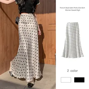 Rok Satin Polkadot Gaya Prancis untuk Wanita, Rok Pinggang Tinggi Manis, Rok Panjang Sedang, Rok Lilit Pinggul
