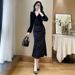 FANMU Gaun Ramping Payet Baru 2025 Gaun Malam Perjamuan Panjang Bahan Poliester/Sifon Ukuran M-3XL Cocok untuk 40-72kg Serat Poliester/Sifon