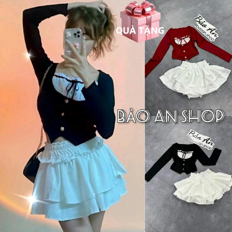 [SB49] Sét bộ nữ 2 món áo babydoll thắt nơ phối chân váy lưng thun eo 58-75cm Free Size dưới 54kg hot top Kem Women Nhung Voi Jacket Ren