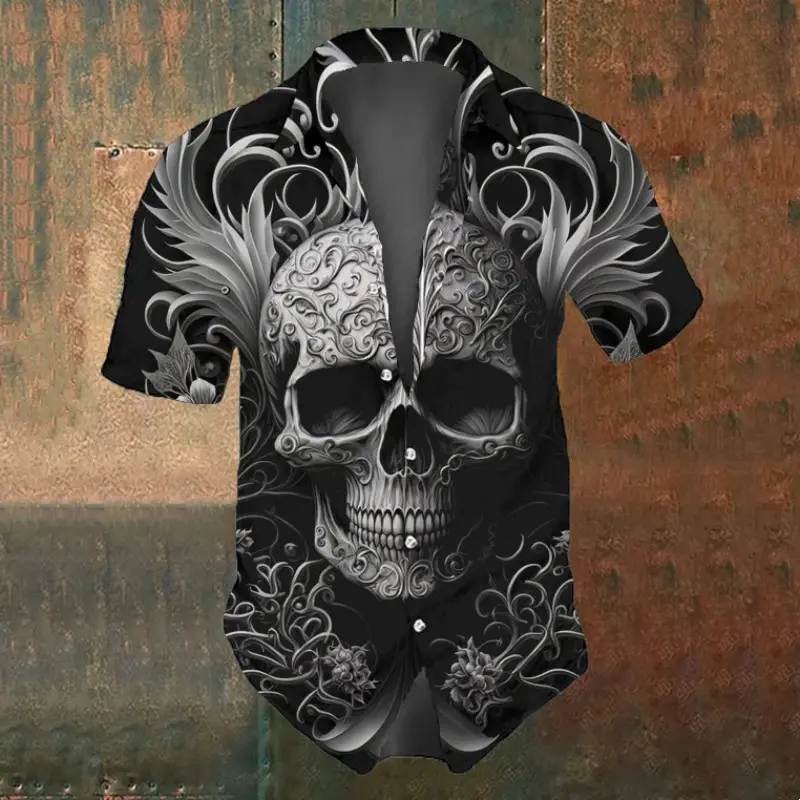 Áo Sơ Mi Đầu Lâu, Màu Đen, Dành Cho Nam Giới, Phong Cách Punk Và Bộ Xương, Thời Trang Đường Phố, ngắn Tay Áo, Áo Phông In 3D, Phong Cách Gothic Cổ Điển Quần Áo Nam, Áo Mùa Hè Menswear