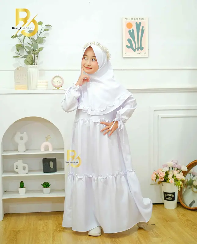 Hana Gamis Anak Perempuan Set Hijab / Gamis Putih Anak Manasik Haji / Baju Lebaran 2024 Anak Cewek 1