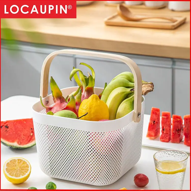 Locaupin Storage Organizer Basket Bin with Wood Handle Ideal for Kitchen Bathroom Pantry Cabinets Home Decor