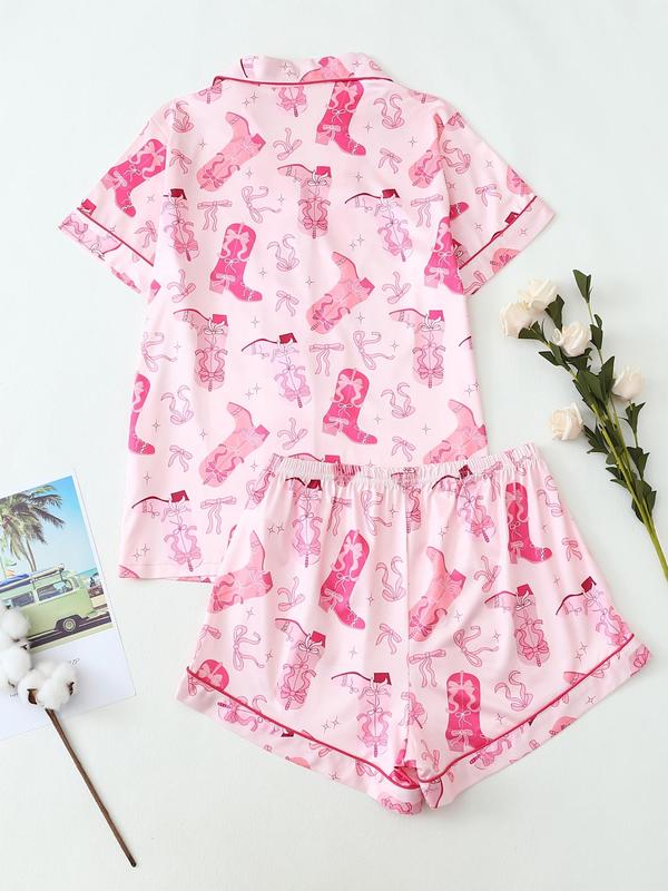 Women's All Over Print Lapel Shirt & Elastic Waist Shorts Pyjama Two-piece Set, Casual Comfy Short Sleeve Pocket Button Up Top & Shorts PJ Set, Ladies Summer Sleepwear, Loungewear 5
