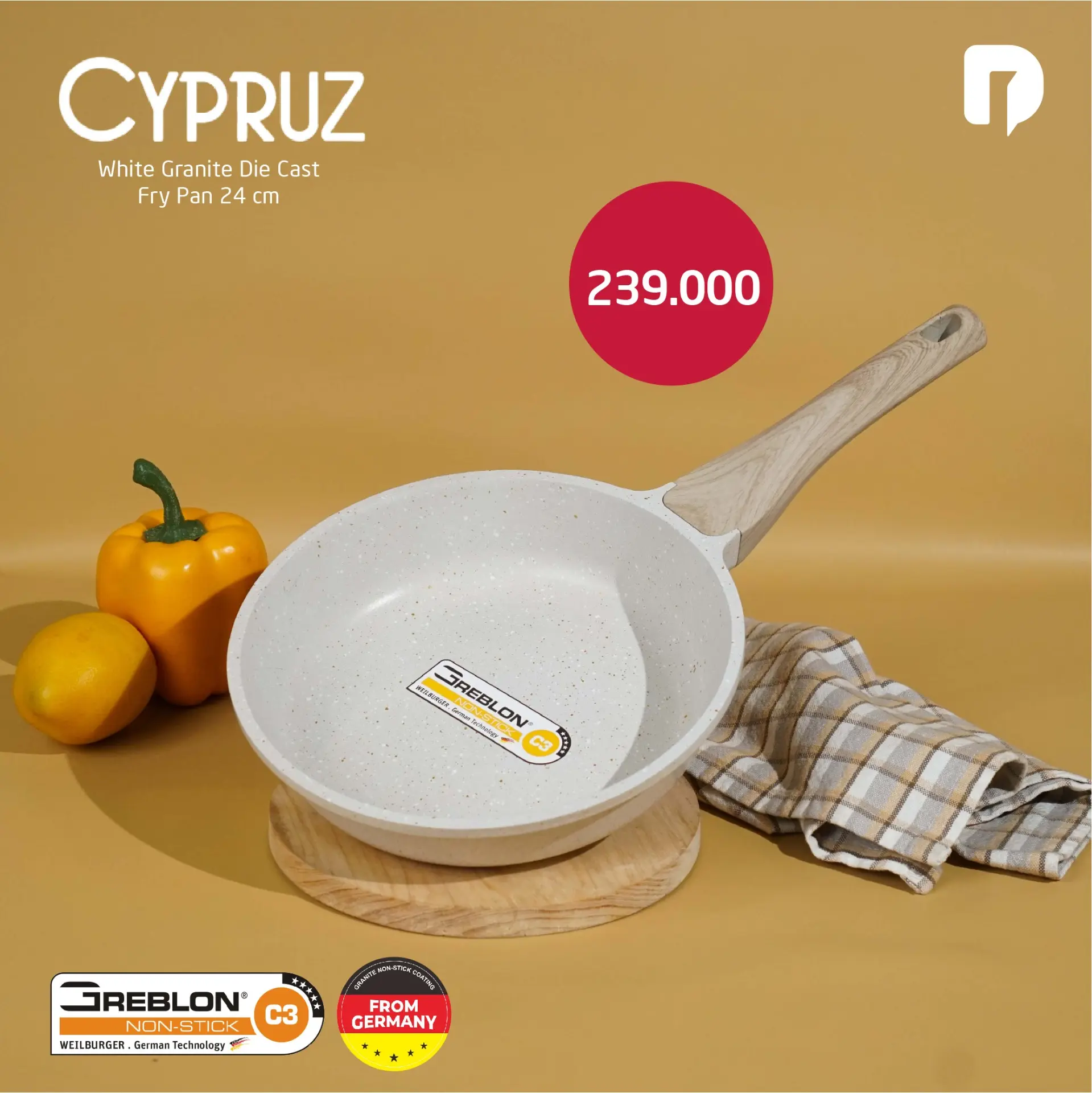 Cypruz White Granite Die Cast Fry Pan 24 cm