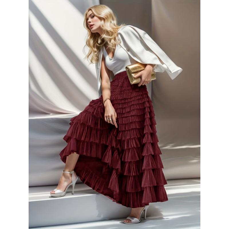 Multilayer Ruffles Tulle Skirt, Casual Fluffy Skirt For Spring & Summer ...