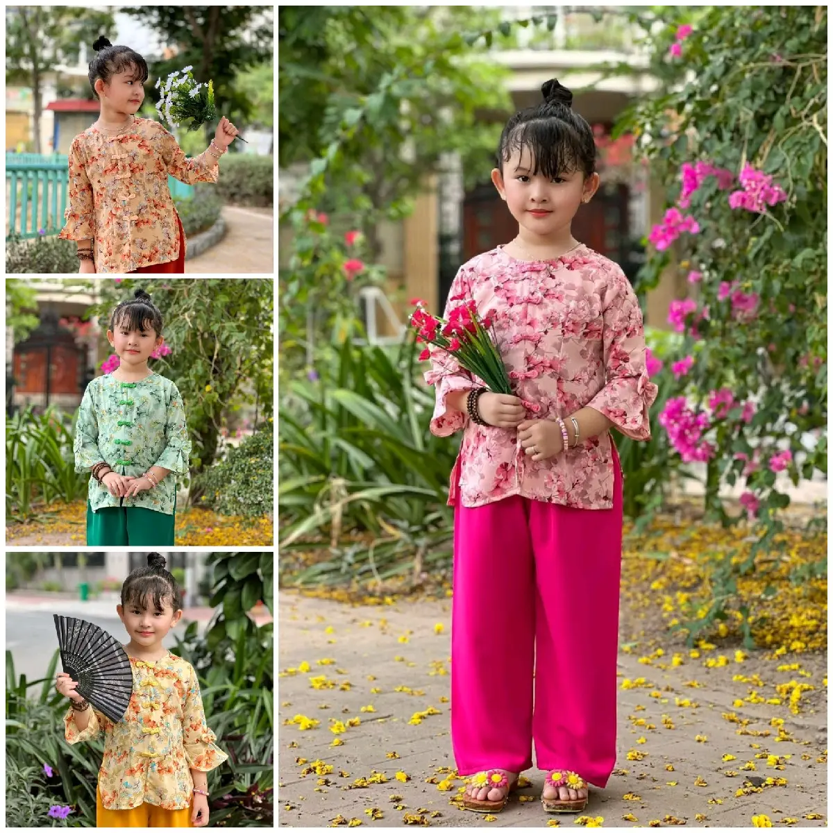 1 sét đồ bà ba cổ  tròn tay loe nút  tâu  cho bé Len Sandal