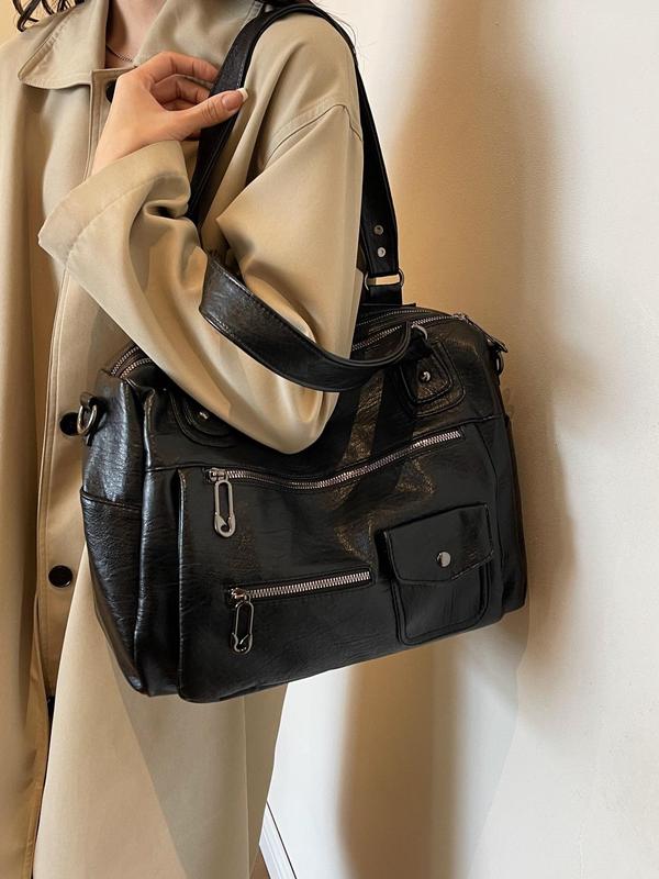 Women's Fashion Elegant Large Capacity Tote Bag, Vintage Trendy Pu Leather Shoulder Bag, Casual Versatile Zipper Tote Bag for Trip & Business, Designer Bags 7