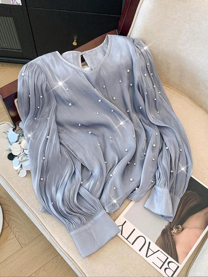 Product Introduction of Women's Glitter Faux Pearl Decor Crew Neck Blouse, Elegant Fashion Casual Long Sleeve Top for Daily Outdoor Wear, Women Clothing for Spring 1