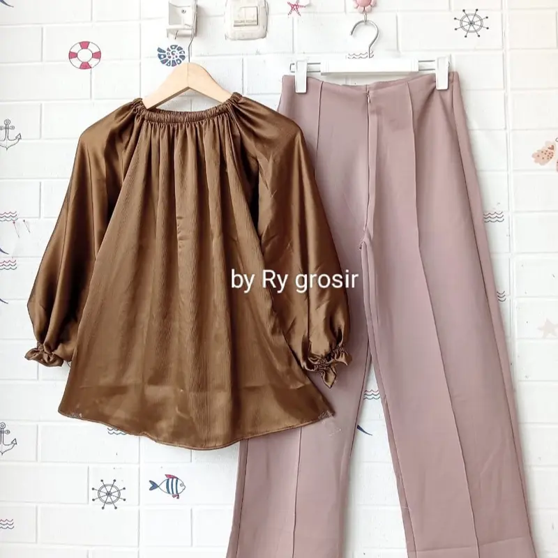 Setelan Wanita Naila Blouse Shimmer Celana scuba Panjang 6