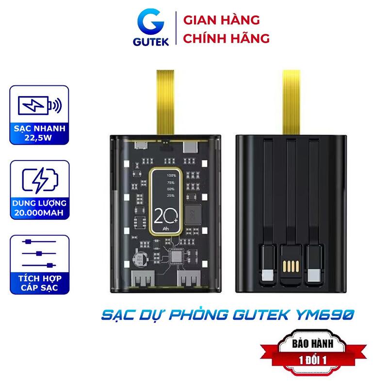 Sạc dự phòng 20000mAh Gutek YM690 dung lượng lớn trong suốt tích hợp dây sạc nhanh cho nhiều thiết bị