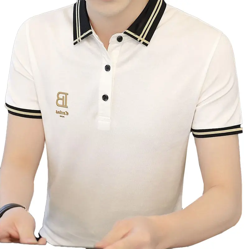 Áo thun nam đẹp có cổ tay ngắn thêu B - trắng mẫu đẹp 2024 Menswear Ngắn Tay Polo Cotton 3