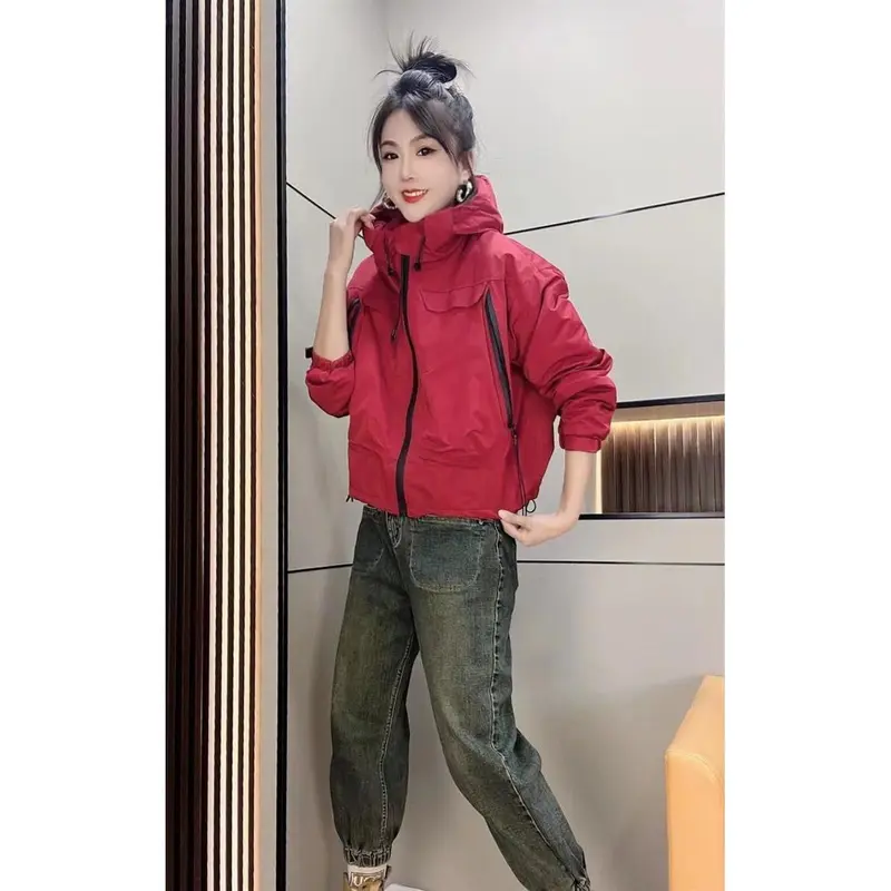 Áo Khoác Cotton, Phong Cách Hàn Quốc, Dáng Rộng Rãi Và Thường Ngày, Có Mũ Trùm Đầu, Túi Lớn, Khóa Kéo, Dành Cho Nữ Công Nhân, Áo Khoác Gió, Hàng Mới Về Năm 2025 0