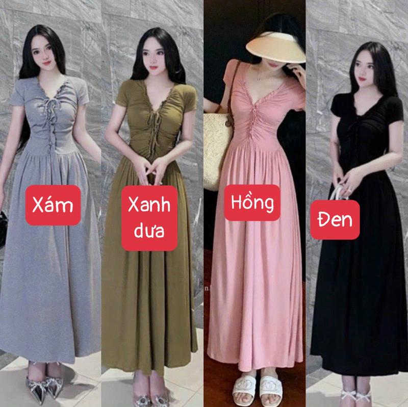 Đầm body nữ tay ngắn cổ v nhún bèo cột dây dáng xoè dài thanh lịch - thun gân lạnh DH0681  Dress Women Hồng