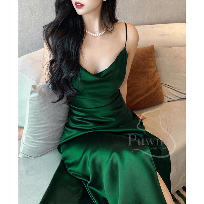  Váy lụa cổ đổ maxi vạt xẻ chéo dáng dài thanh lịch dự tiệc  - Puwn Shop 