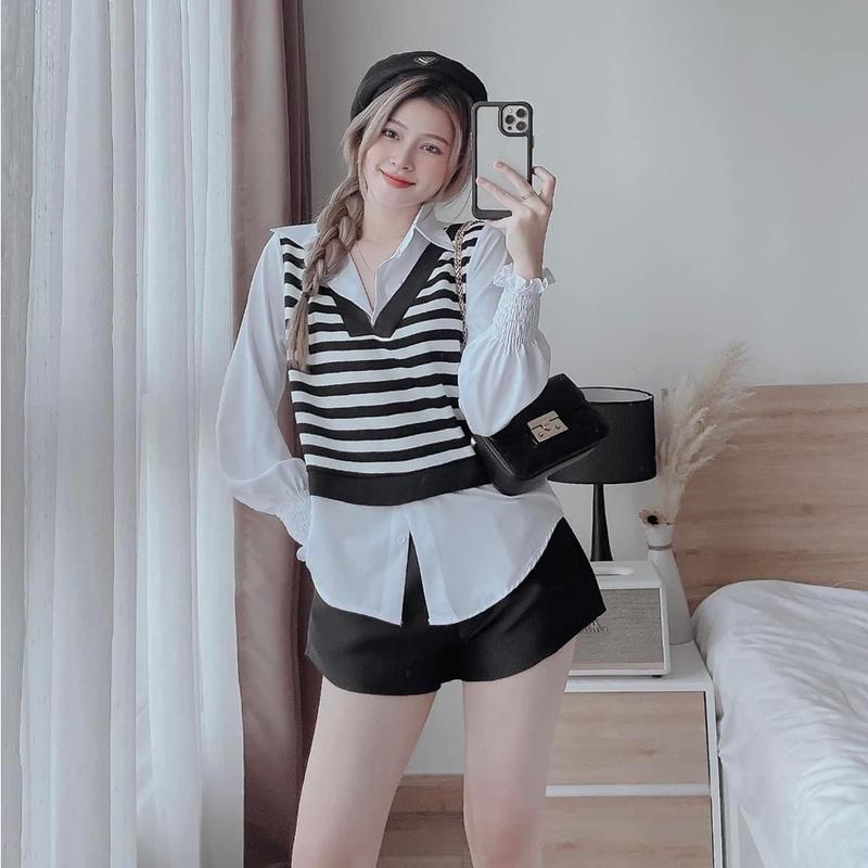 Áo Sơ Mi Phối Ghi Lê Cổ Đức Cho Nữ Vải Thun Lạnh Mềm Thoáng Mát - Phong Cách Basic Xinh Xắn