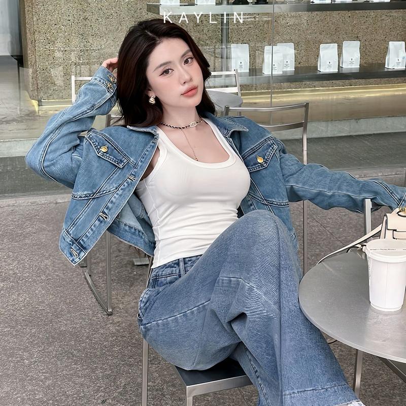 Áo khoác JEAN KAYLIN Freesize form Croptop phối nút chất vải denim phong cách retro - N2270 Nữ  Women Jacket