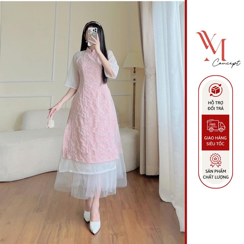 Sét Áo Dài Gấm Hoa Nổi Kèm Chân Váy Lưới Xoè Trắng Be YM Concept D0850 - Nữ, Women Dress Kem Màu Hồng