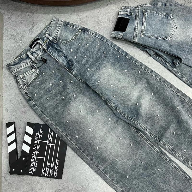MINA JEANS Quần Jean Ống Suông Trơn Đính ĐÁ TO Full Quần Vải QCCC Xịn