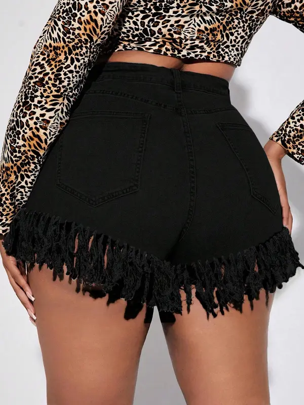【plus Size】 Fringe Trim Denim Shorts, Casual Fitted Zipper Fly Shorts for Daily Wear, Women's Bottoms for All Seasons, Womenswear, Denim Shorts, Casual Fashion Shorts, Casual Comfy Shorts 1