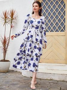 Women's Floral Print Lace Trim Puff Sleeve Square Neck Tiered Layer Dress with Belt, Elegant Spring & Fall Long Dresses for Wedding Guest Holiday Party, Ladies Clothing
