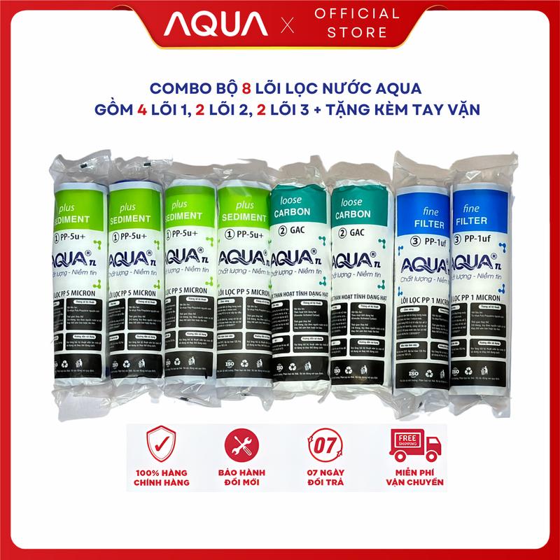 [TẶNG TAY VẶN] Bộ 8 Lõi Lọc nước 1 2 3 AQUA  Chính Hãng |  Dùng được cho mọi loại máy lọc nước gia đình, máy lọc nước RO cốc lọc 10 inch