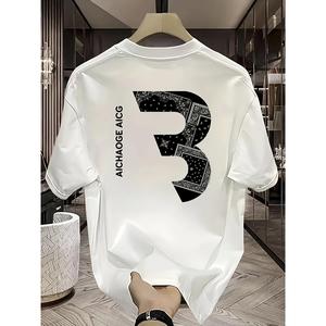 メンズヘビーウェイト100%コットンTシャツ - ブラックのラウンドネック半袖、背面プリントインりルーズフィットカジュアルシャツ、通気性の四季のあるコットン作るトップス、レトロプリントデザイン、ニット構造、夏の外出用ウェア、ルーズフィット、柔らかいらかな生地、ストリートスタイル