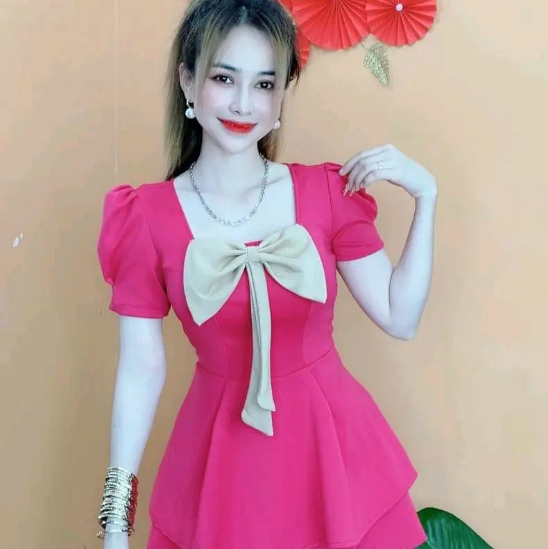 Áo Nữ Kem Voi Đô Bô THUN Cat Hàn Dễ Thương Quần Đùi Đính Nơ Fom 42kg 58kg - Women Dress 1
