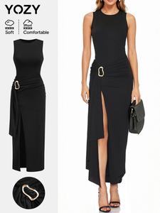 YOZY Women's Plain Split Thigh Round Neck Dress, Casual Sleeveless Crew Neck Dress for Party Club Dating Wear, Ladies Clothes for All Seasons