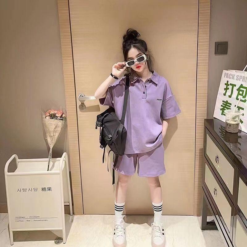 Bộ Đồ Mùa Hè Cho Bé Gái, Phong Cách Hàn Quốc, Cổ Polo Thường Ngày Quần Đùi ngắn Tay, Bộ Đồ Hai Mảnh Thể Thao Thời Trang, Thời Trang 2025 Áo Women 1