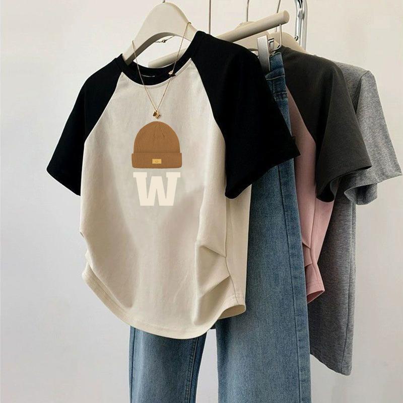 Áo Thun Ngắn Tay Raglan, Áo Ngắn Cổ Điển Mỹ Bất Đối Xứng Thiết Kế Dễ Phối Đồ Mùa Hè Dáng Ôm Xếp Ly Cho Nữ, 2024 Top Women Cổ Tròn 5