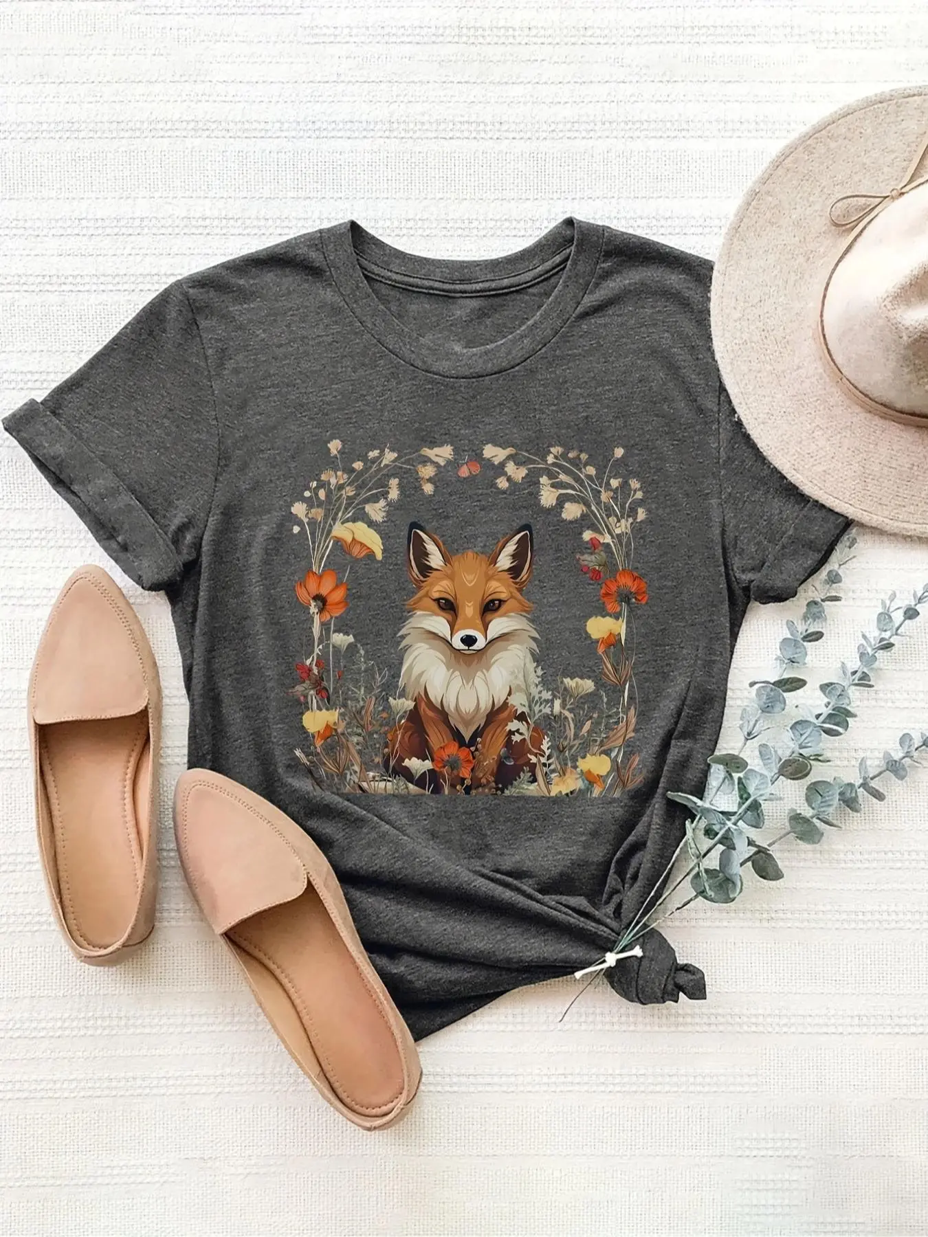 Women's Fox & Floral Print Round Neck Tee, Fashion Casual Crew Neck T-Shirt for Daily Holiday Vacation Outdoor Wear, Ladies Clothes for Summer