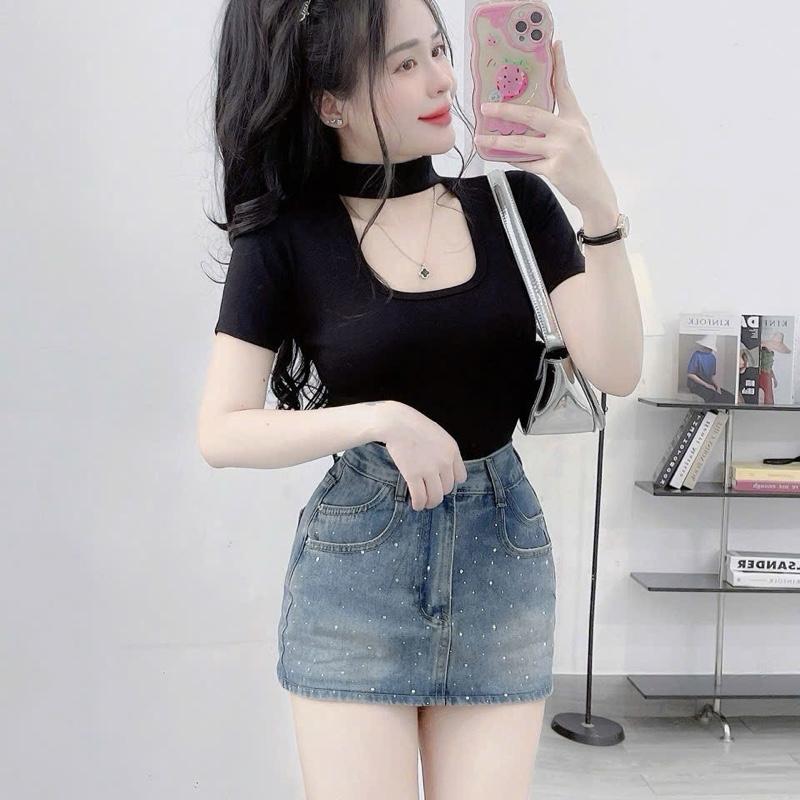 Áo thun nữ cổ vuông cổ chữ u choàng cổ Tay ngắn áo dày thun nhũ mịn mát ôm chuẩn body Top Voi Women Nhung Jean Shirt Đen