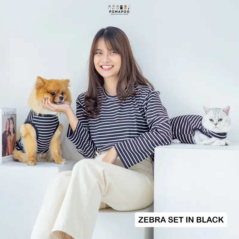 POMAPOO - Set Baju Wanita dan Baju Kucing dan Baju Anjing Zebra Long Slevee Set 1