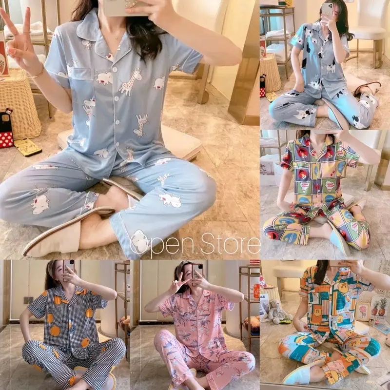 TERSEDIA Ready Stock Baju Tidur Piyama Set Kemeja Celana Panjang Baju Lengan Pendek / Piyama Import / Premium Quality / Baju Tidur Import / Baju Tidur Murah / Piyama Set / Baju Per Set Tidur